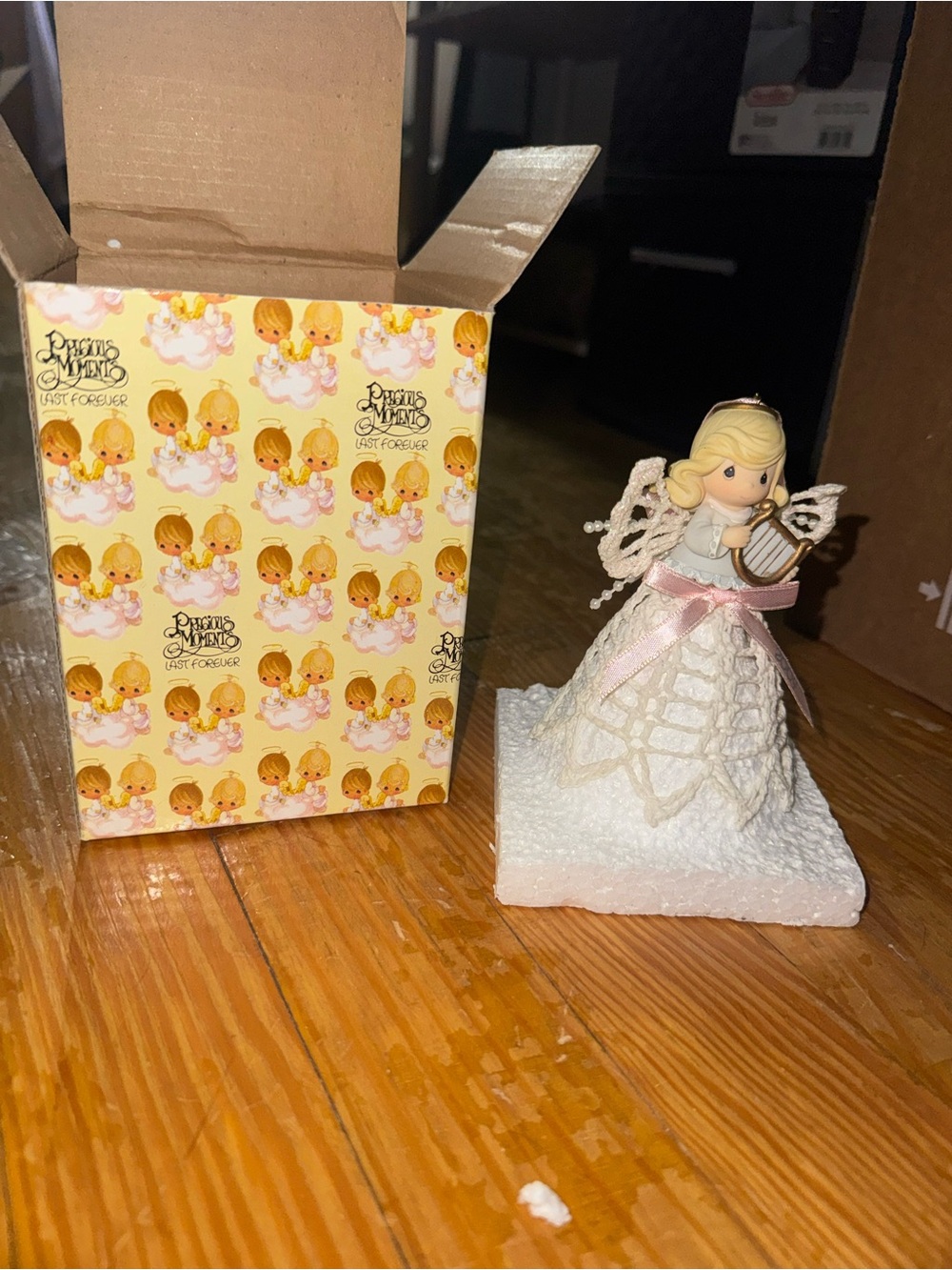Precious Moments White Angel Figurine with Pink Ribbon and Gold Harp